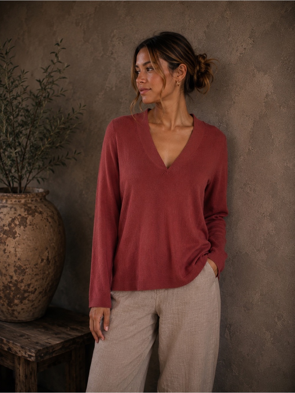 Three Dots 100% Cotton Burnt Orange Knit Vneck Too Sz Large